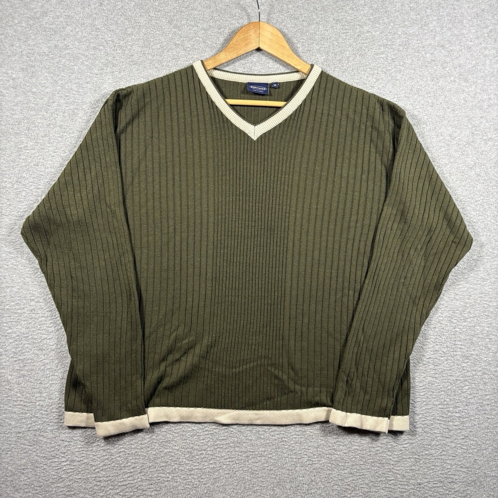 Vtg 90s Sideout Ribbed Knit V Neck Sweater Mens M Olive Green Contrast Trim Surf
